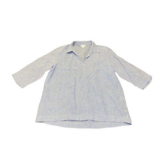 J Jill Love Linen Shirt Womens L Blue White Striped Popover Coastal Cottage NWOT - Picture 1 of 7